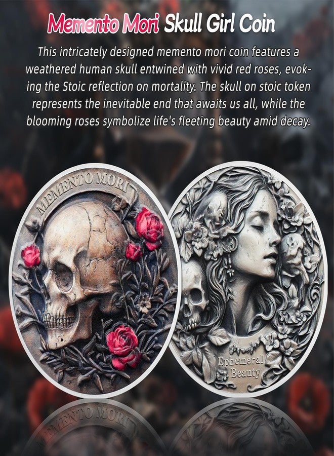 IELCJJ Memento Mori Skull Girl Coin - Red Rose Stoic Challenge Coin - Novelty EDC Amor Fati Token Medallions for Daily Stoic Practice - Inspirational Momento Mori Stoicism Gifts for Men Women Kids - Image 2